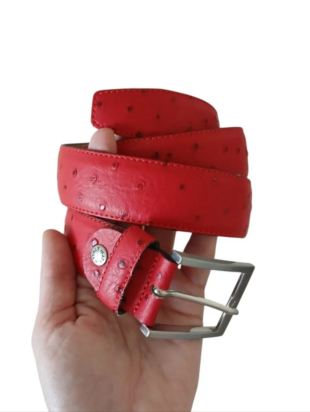 NWOT GP & MAX Unisex 36 Red Full Ostrich Quill Leather Belt Made In Italy Silver